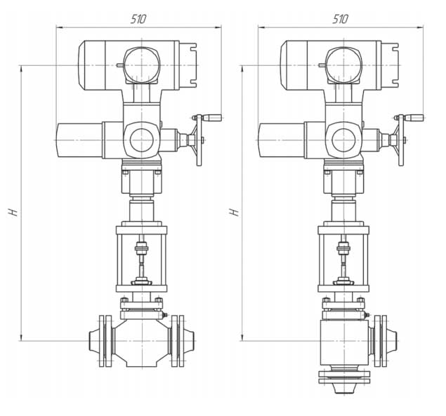 Габаритные и присоединительные размеры клапанов до Ру 160 с электроприводом КМРО-Э, AUMA