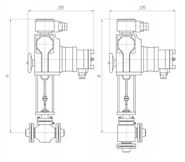 Габаритные и присоединительные размеры клапанов до Ру 160 с электроприводом КМРО-Э, МЭПК